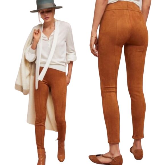 Anthropologie Faux Suede Leggings High Rise Front Seam Ankle Zip Honey Brown 27 - Picture 1 of 8